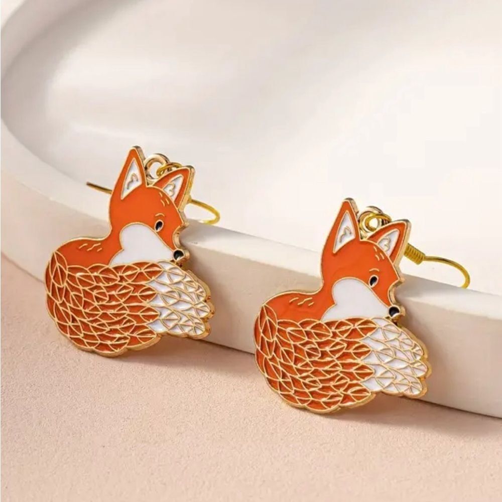 🦊 Shy Fox orange and gold enamel drop earrings very cute New gift - Picture 3 of 3